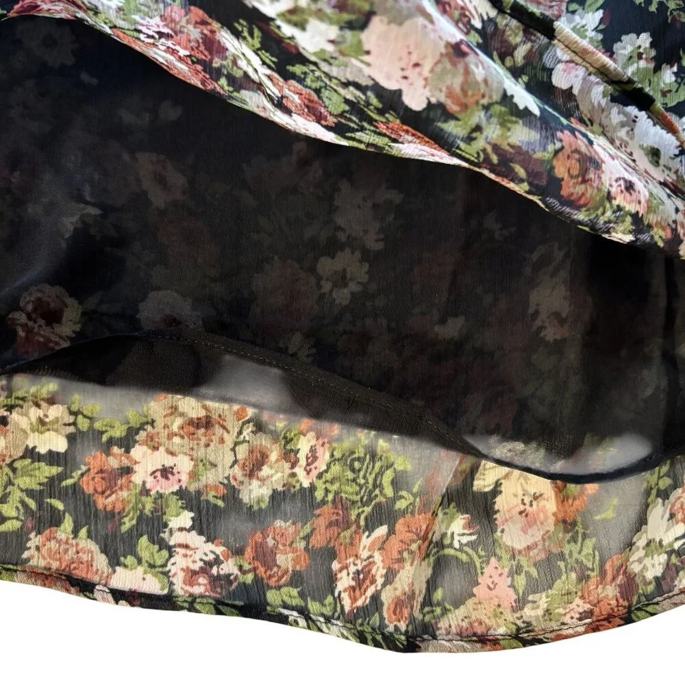 Mango Floral Print Sheer Blouse US 12 Black Multicolor Long Sleeve Lightweight - Picture 11 of 12